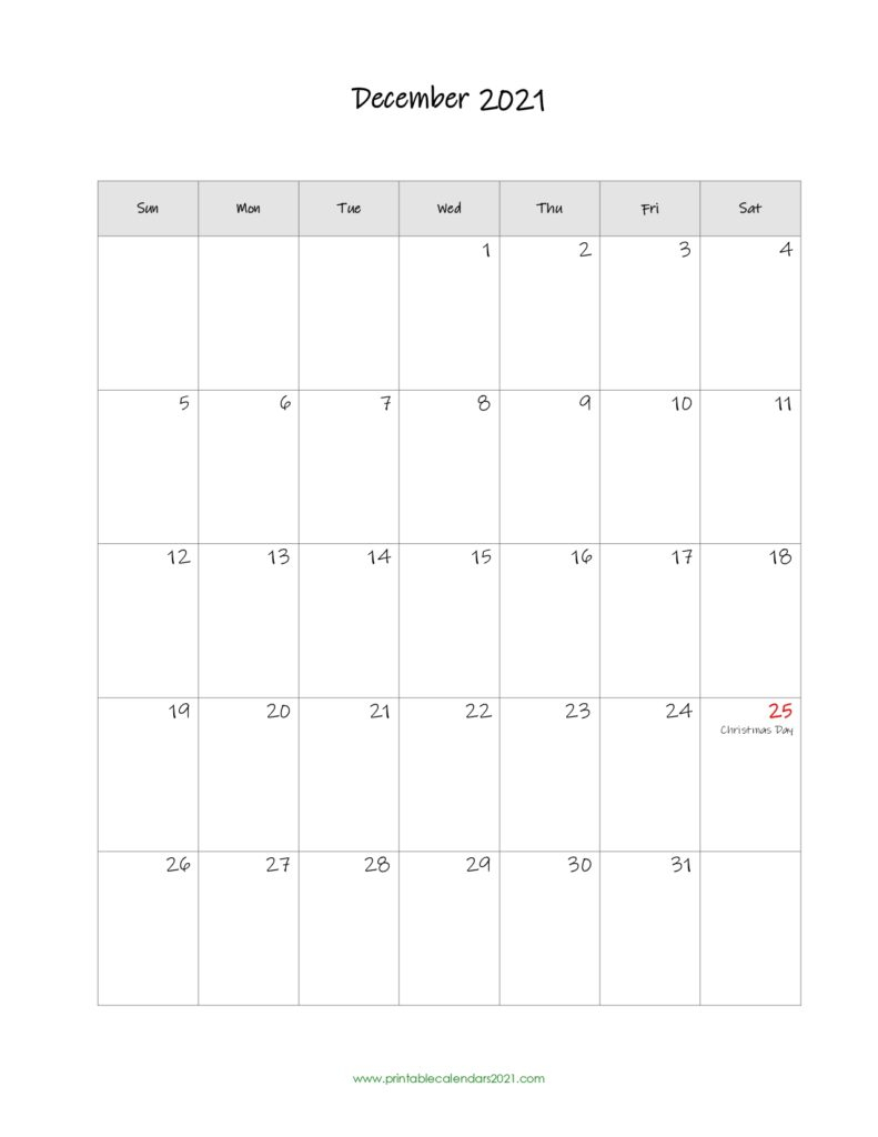 Printable Calendar December 2021, Printable 2021 Calendar