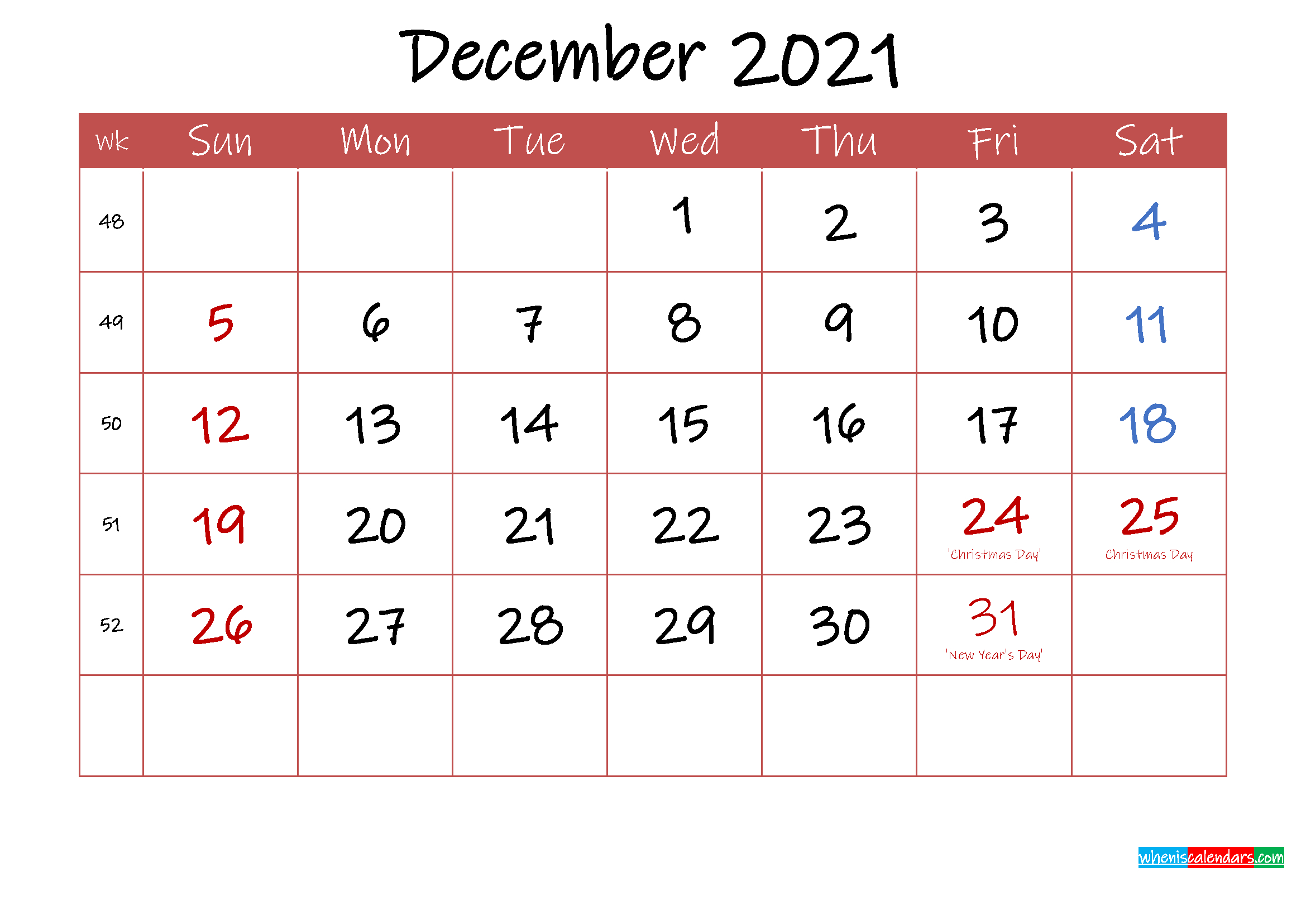 Printable December 2021 Calendar With Holidays - Template