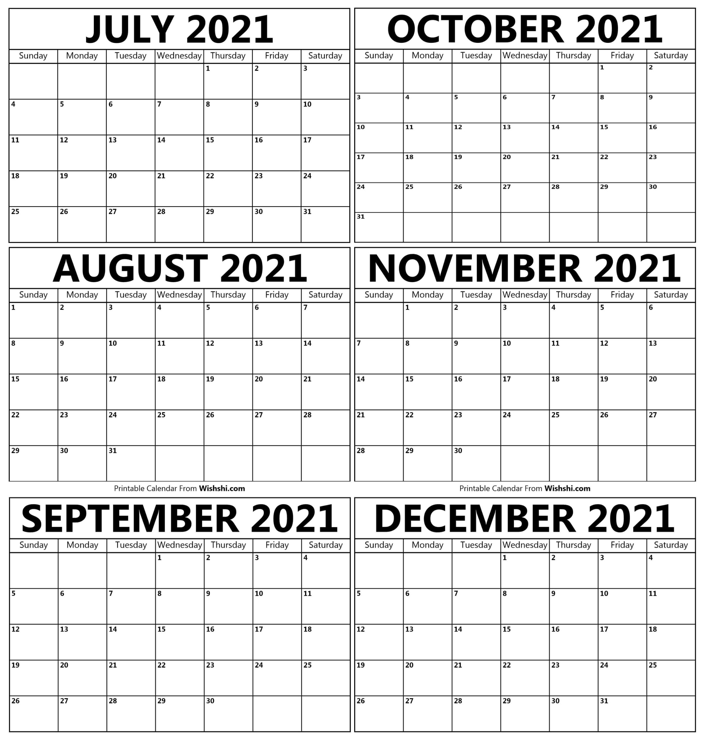 Printable July To December 2021 Calendar - Free Printable