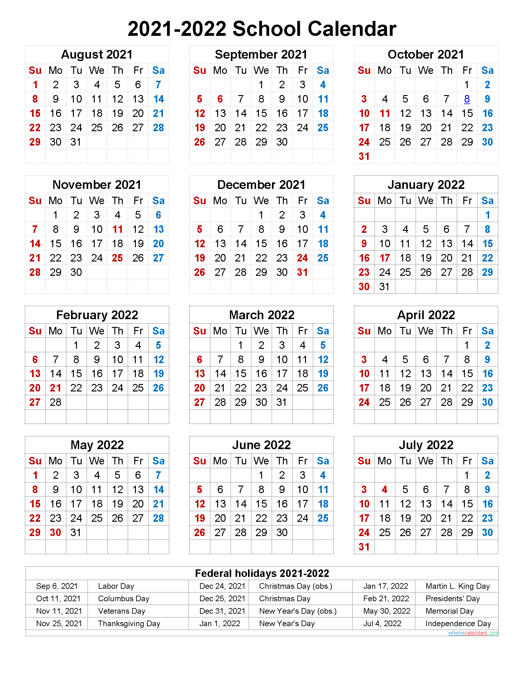 School Calendar 2021 And 2022 Printable (Portrait