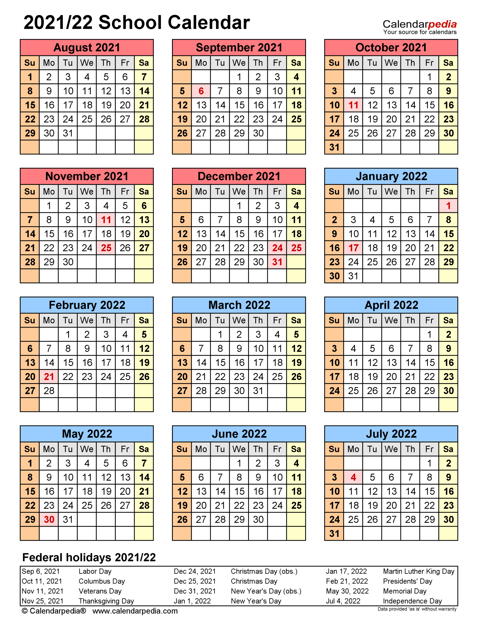 School Calendars 2021/2022 - Free Printable Excel Templates
