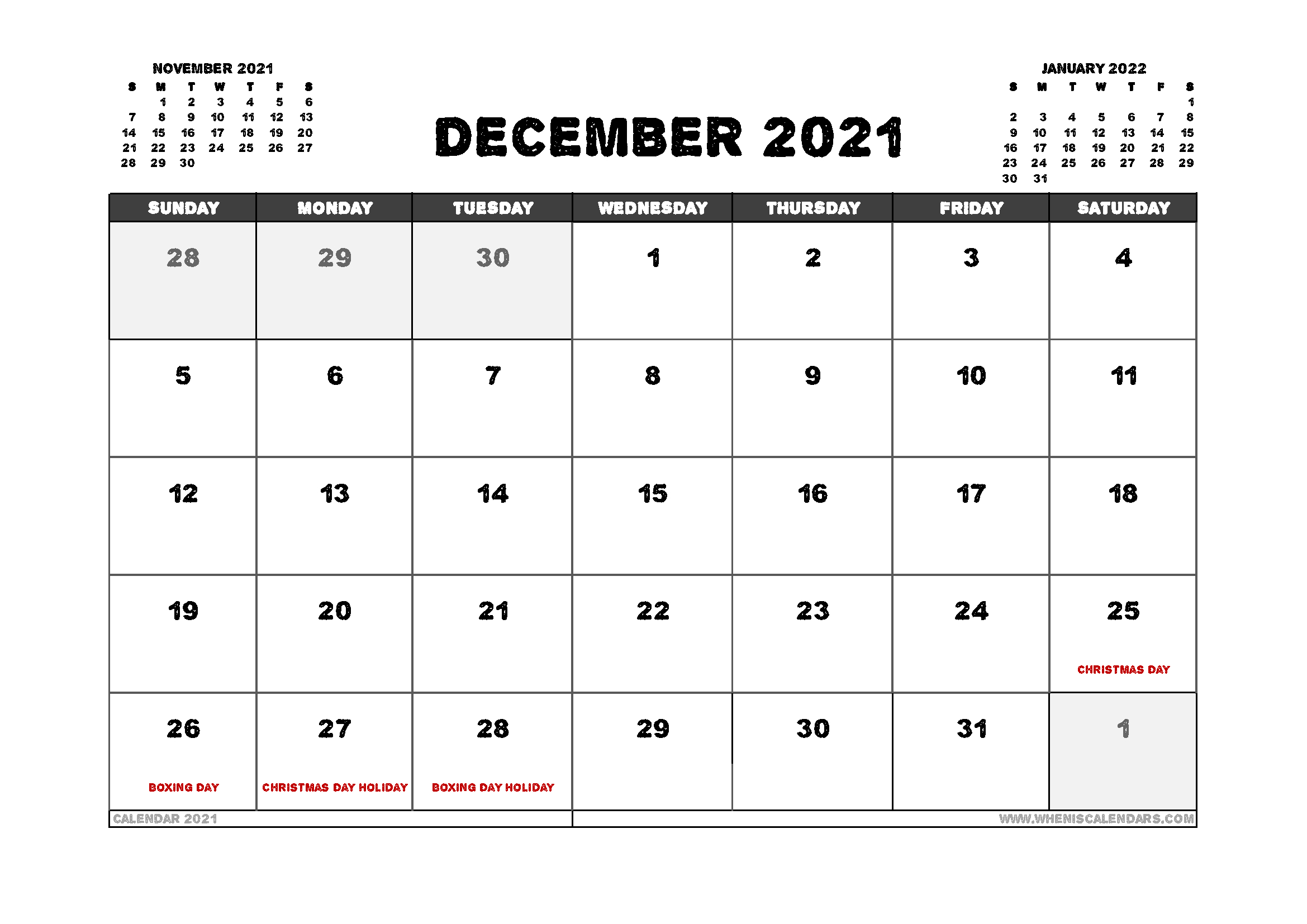 12 Month Free Printable 2021 Calendar With Holidays