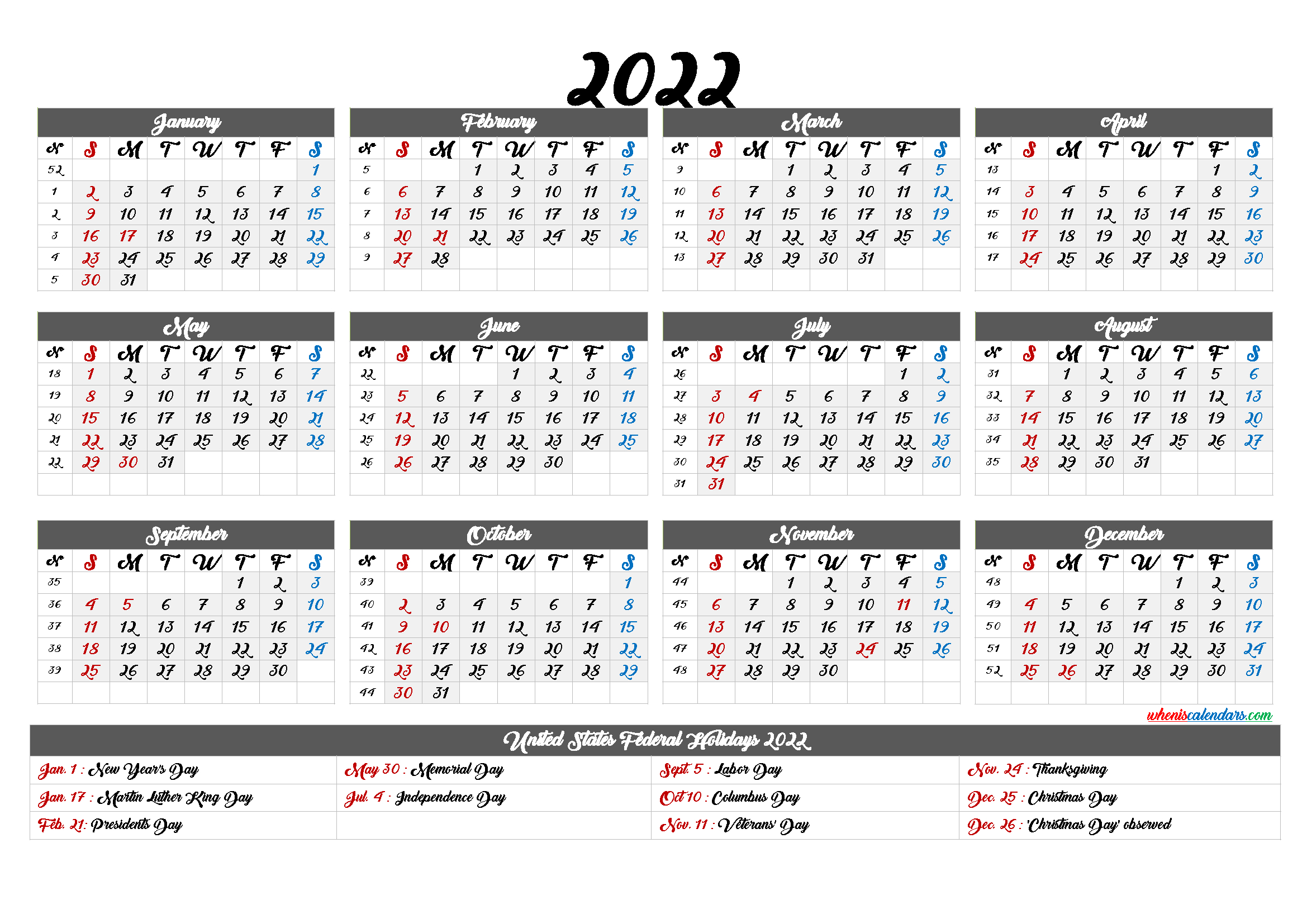 20+ Federal Holidays 2022 - Free Download Printable