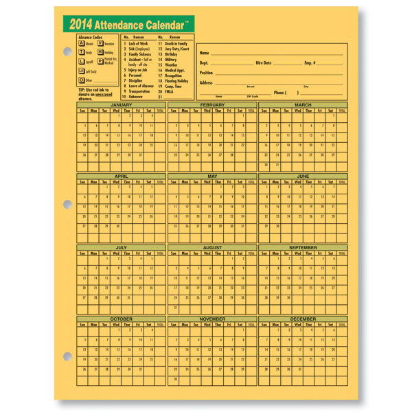 2015 Attendance Calendar