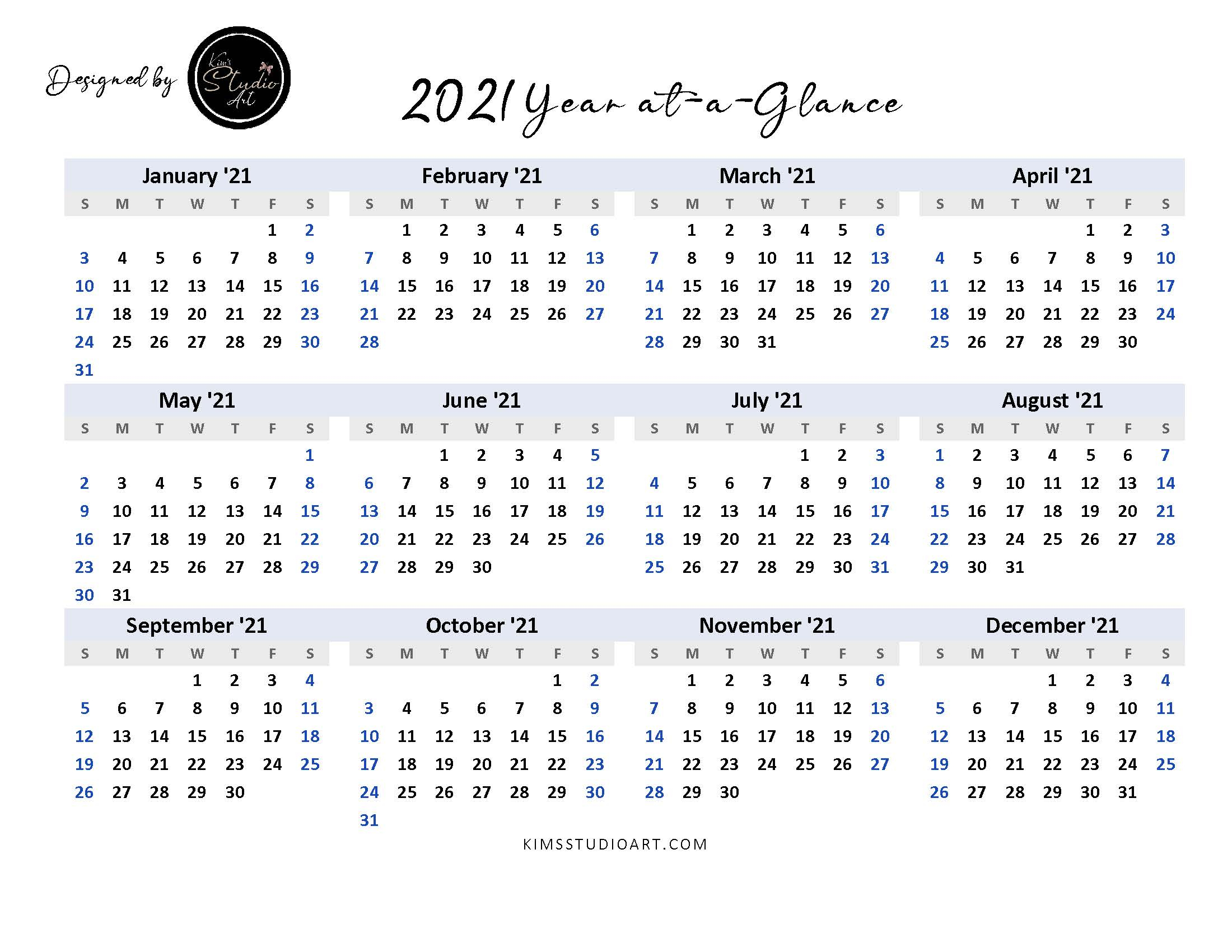2021-2022 Calendar Year At A Glance - Kim&#039;S Studio Art