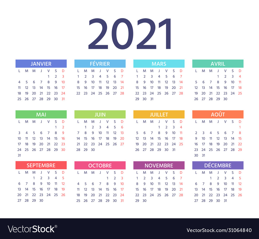 2021 French Calendar Template Year Color Planner Vector Image