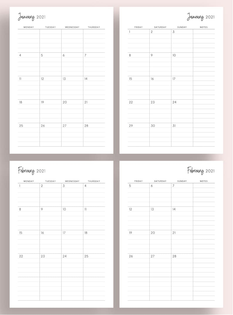 2021 Lined Monthly Planner Printable 2021 Month On 2 Pages