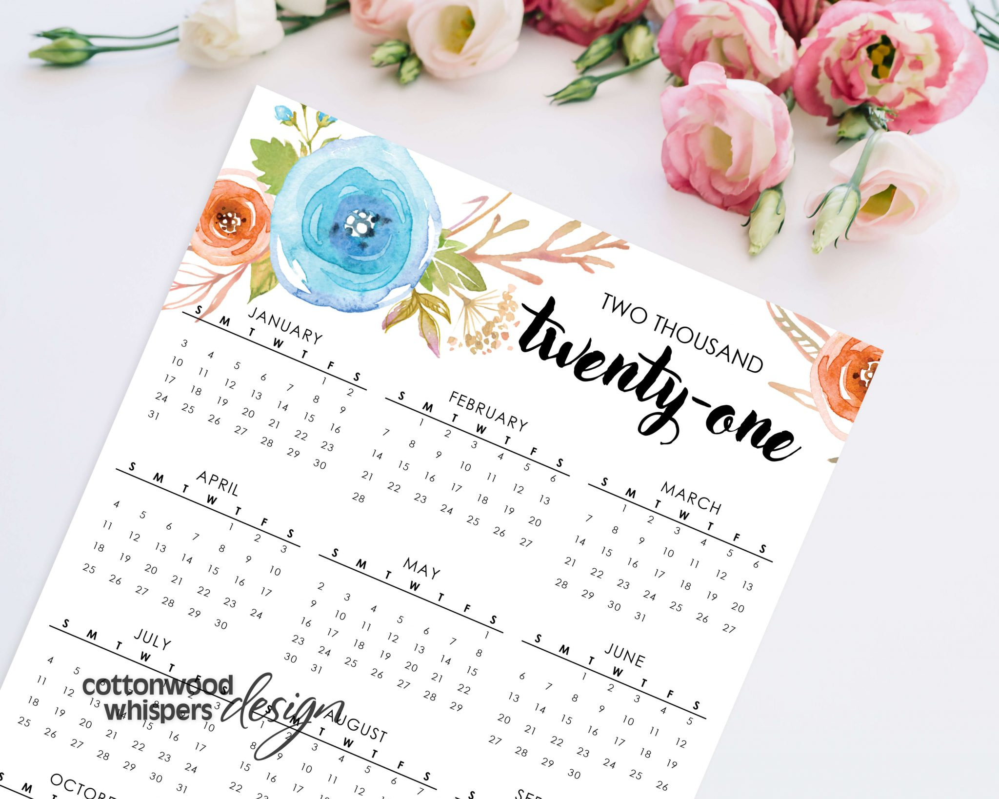 2021 Year At A Glance Calendar | Blue Floral | Printable
