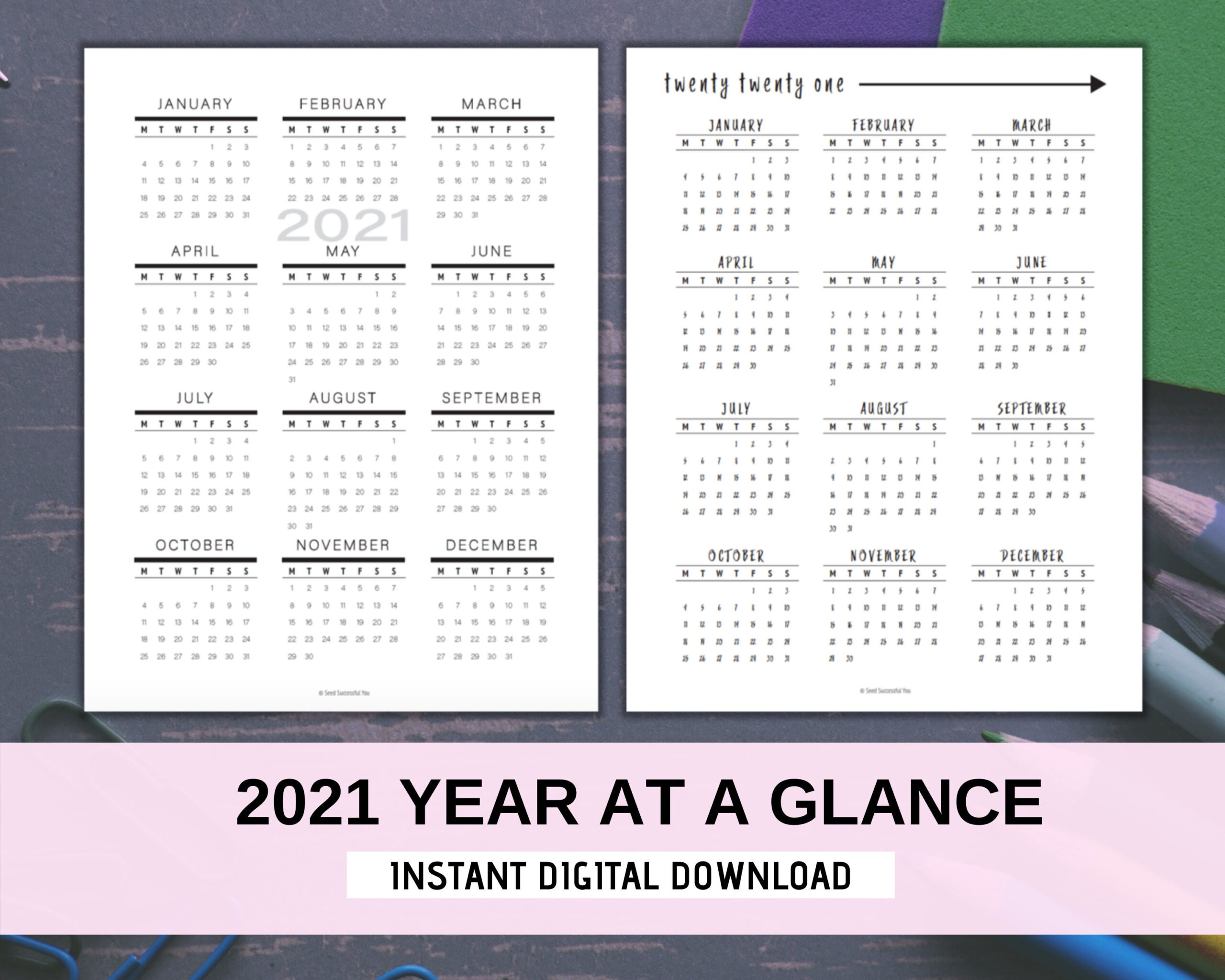 2021 Yearly Calendar Year At A Glance Printable Monday | Etsy