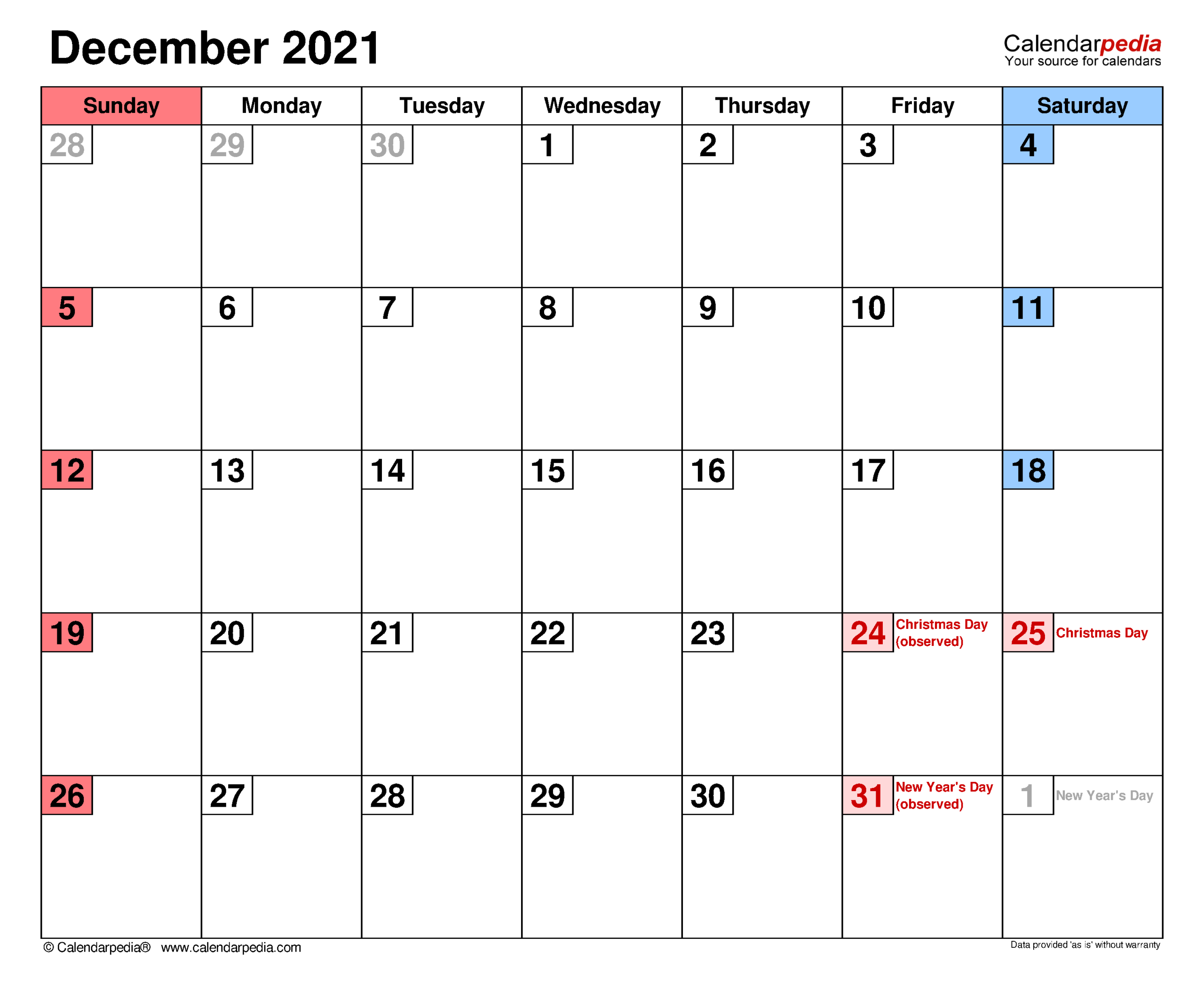 December 2021 Calendar | Templates For Word, Excel And Pdf