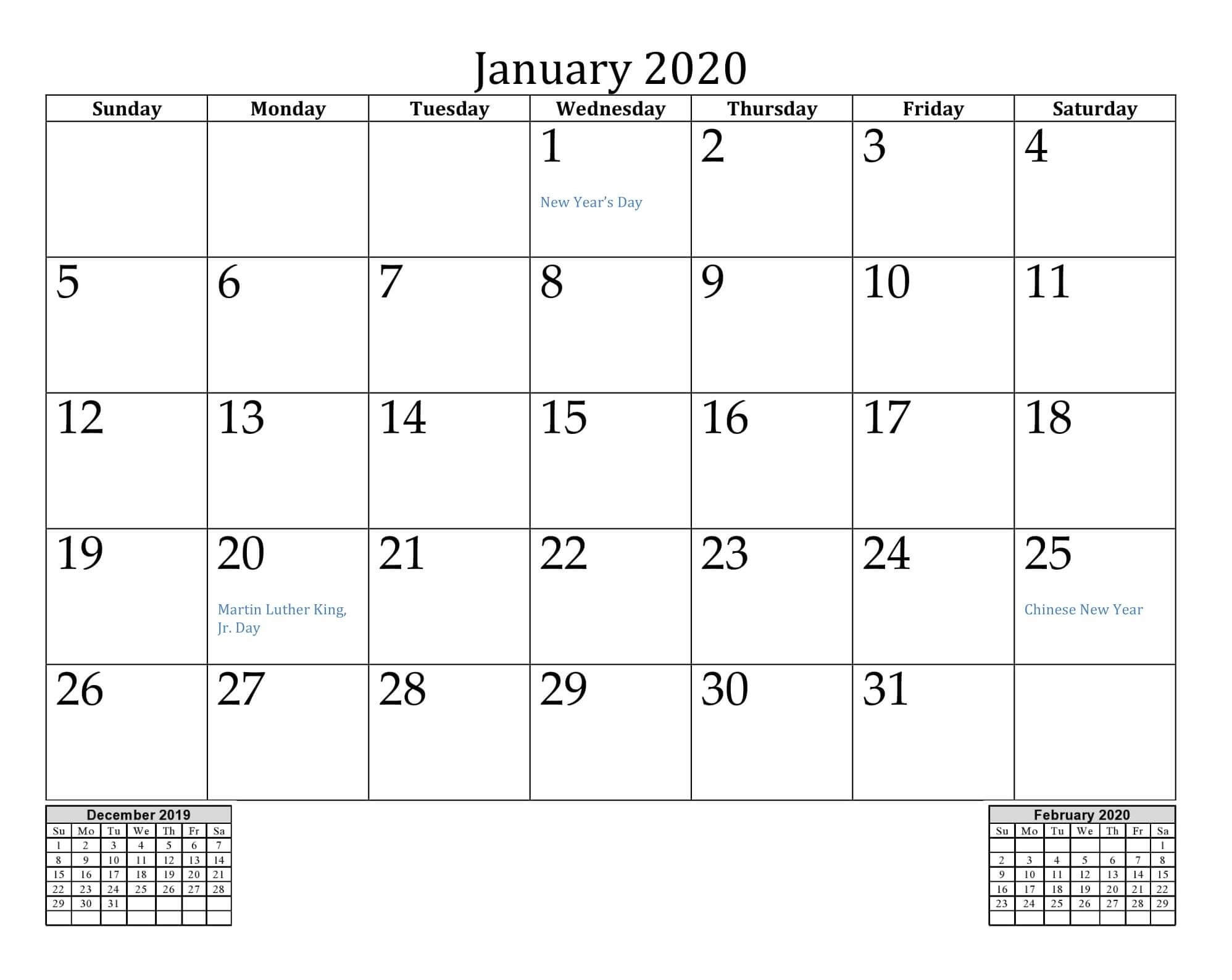 Fillable Calendar For January 2020 Template - 2019