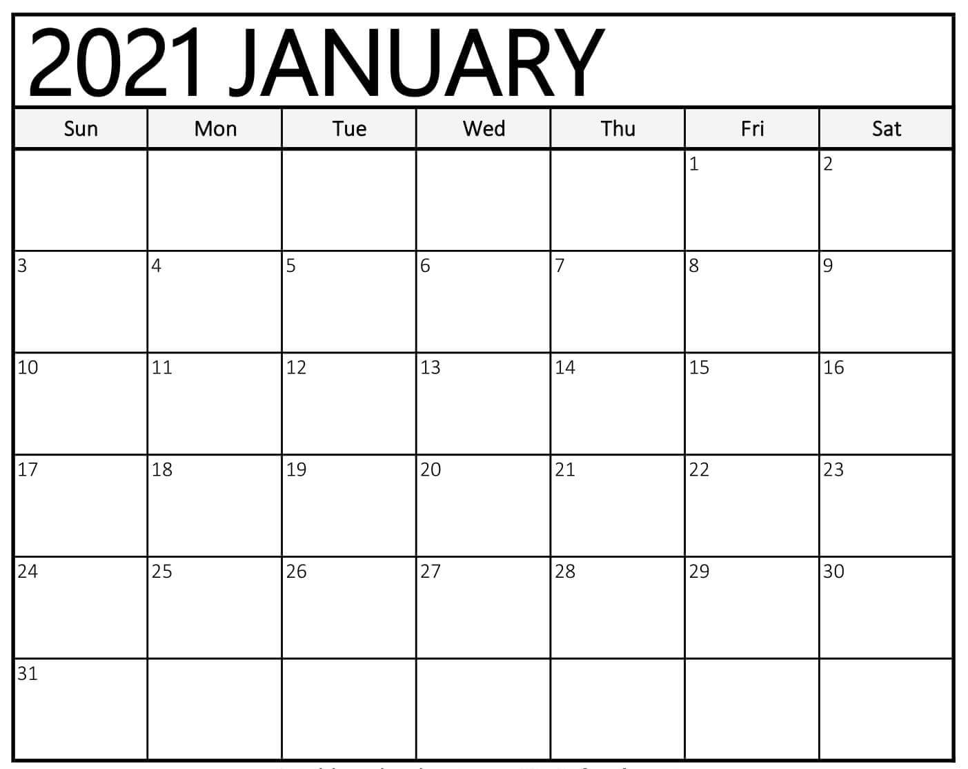 Free Fillable January Calendar 2021 Printable Editable