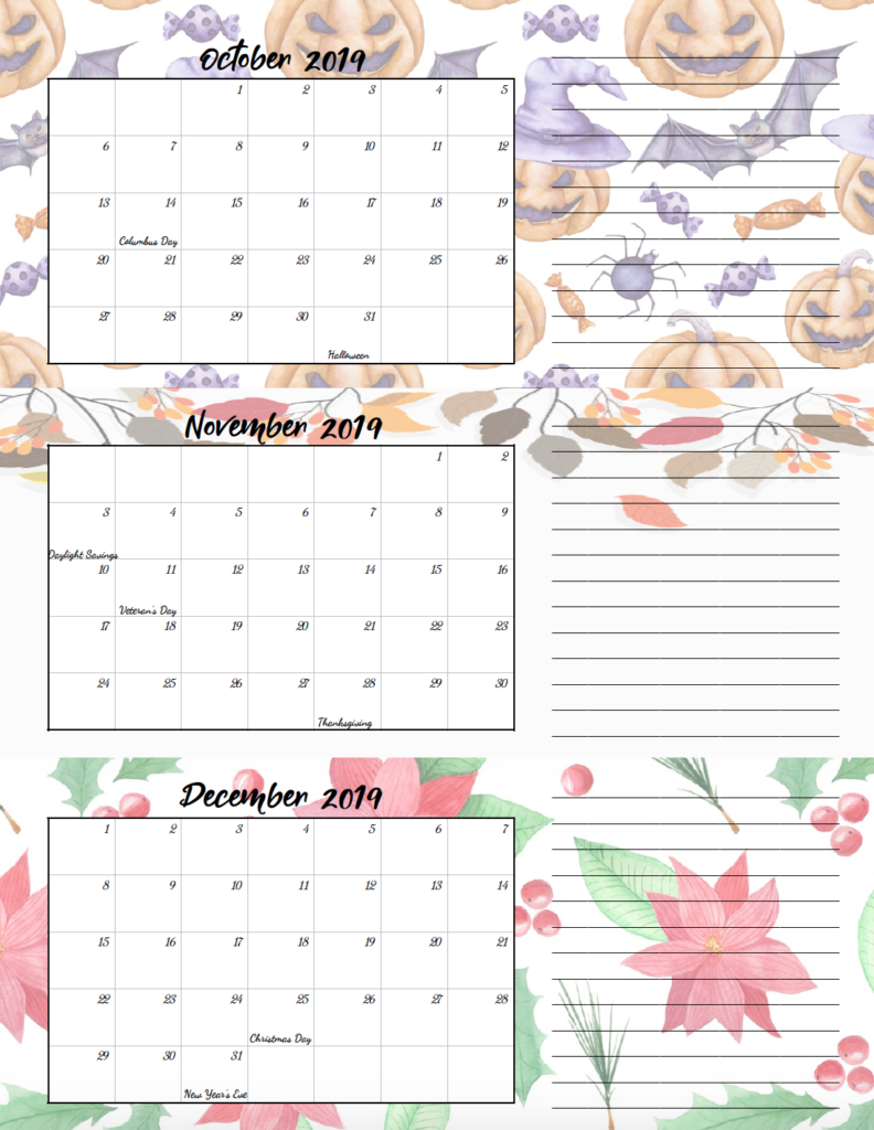 Free Printable 2019 Quarterly Calendars With Holidays: 3