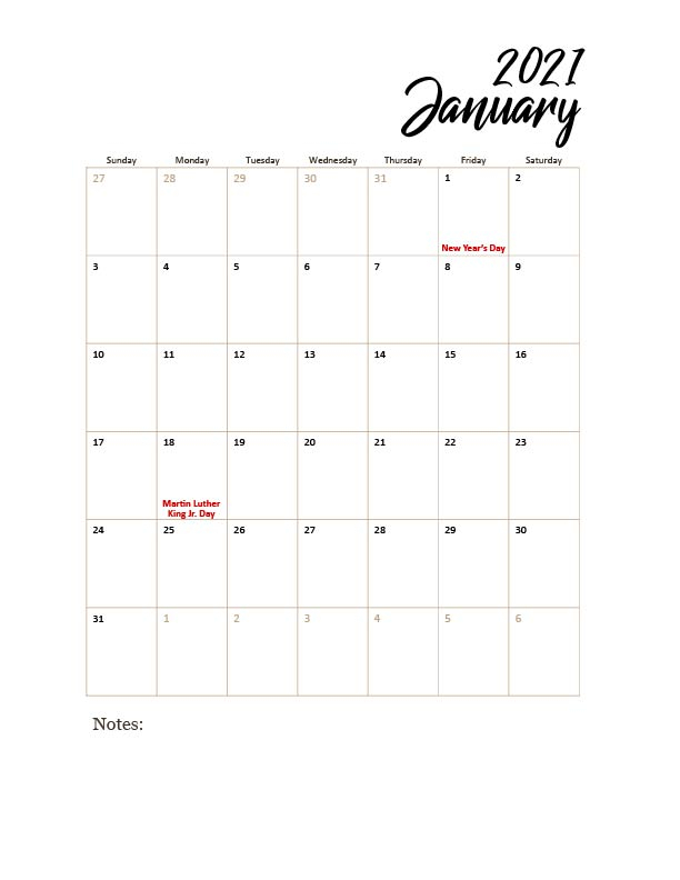 Free Printable 2021 Calendar With Holidays Pdf - Strength