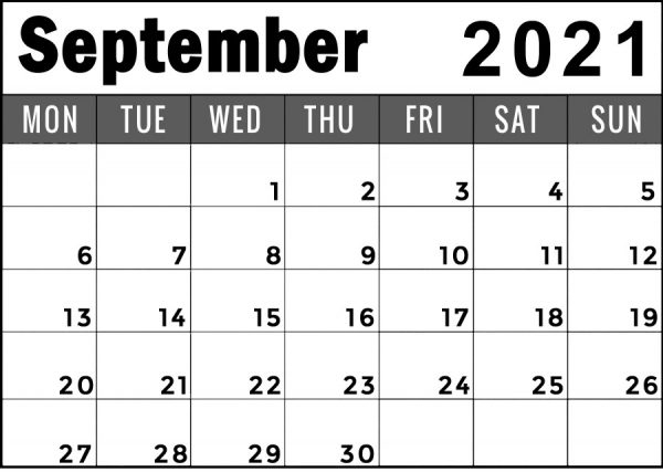 September 2021 Calendar Monday Start To Sunday Blank Free