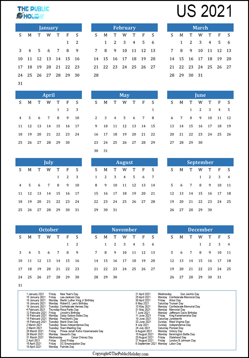 Us Holidays 2021 Calendar [Public, National, Federal, Bank]