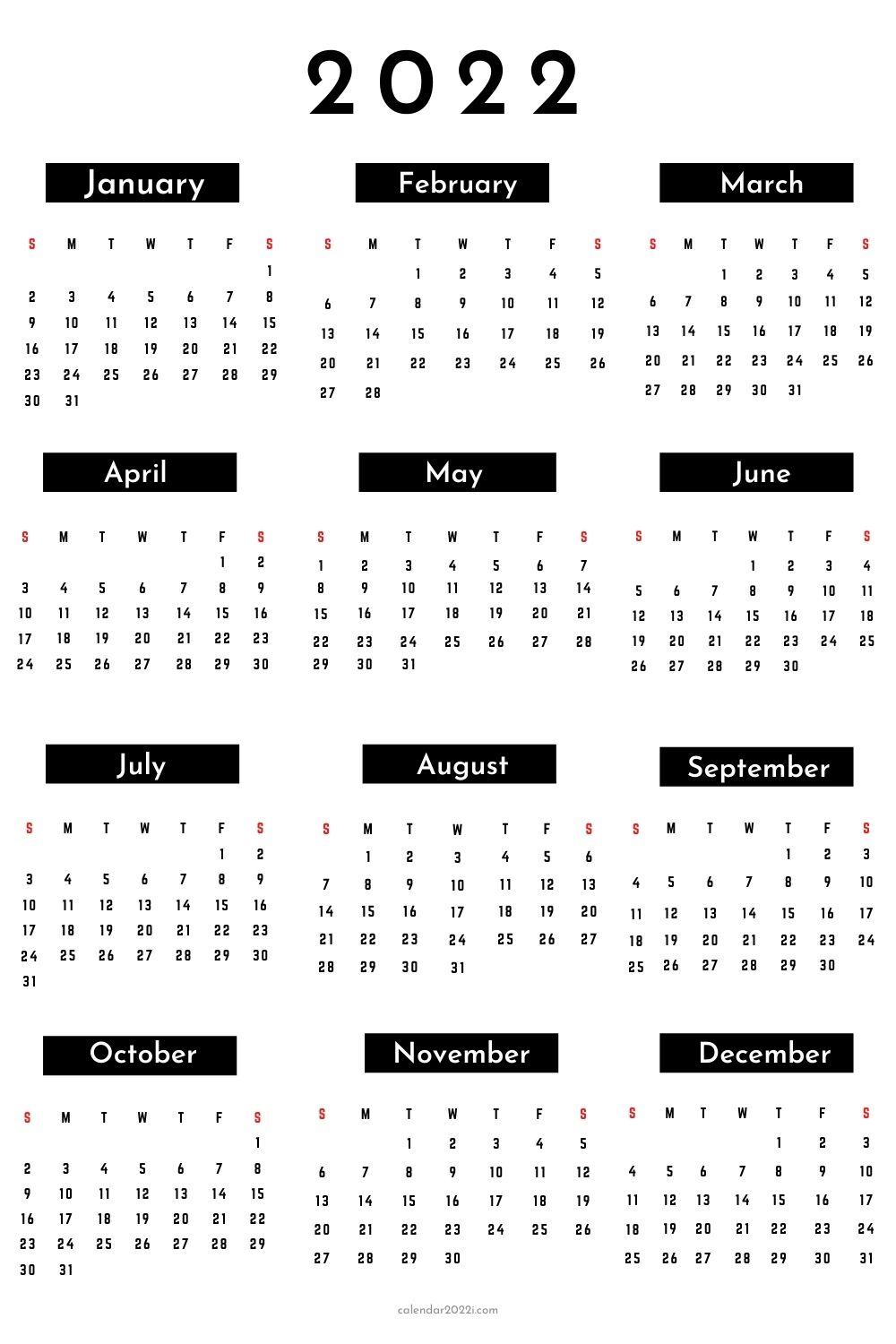 12 Month 2022 Calendar Printable Free Download | Calendar 2022