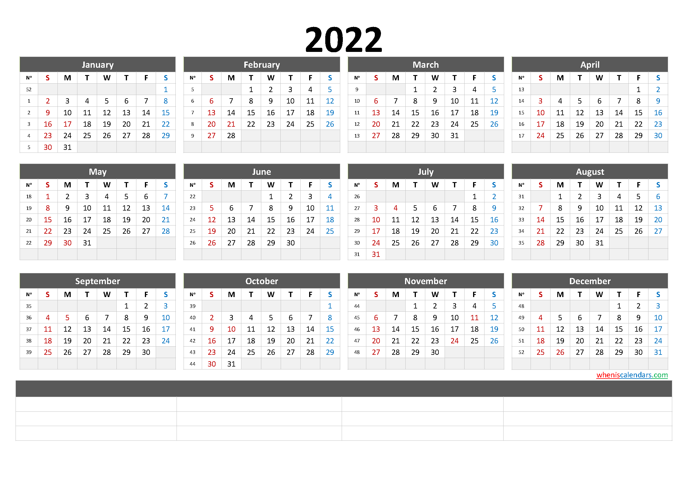 12 Month Calendar Printable 2022 (6 Templates)
