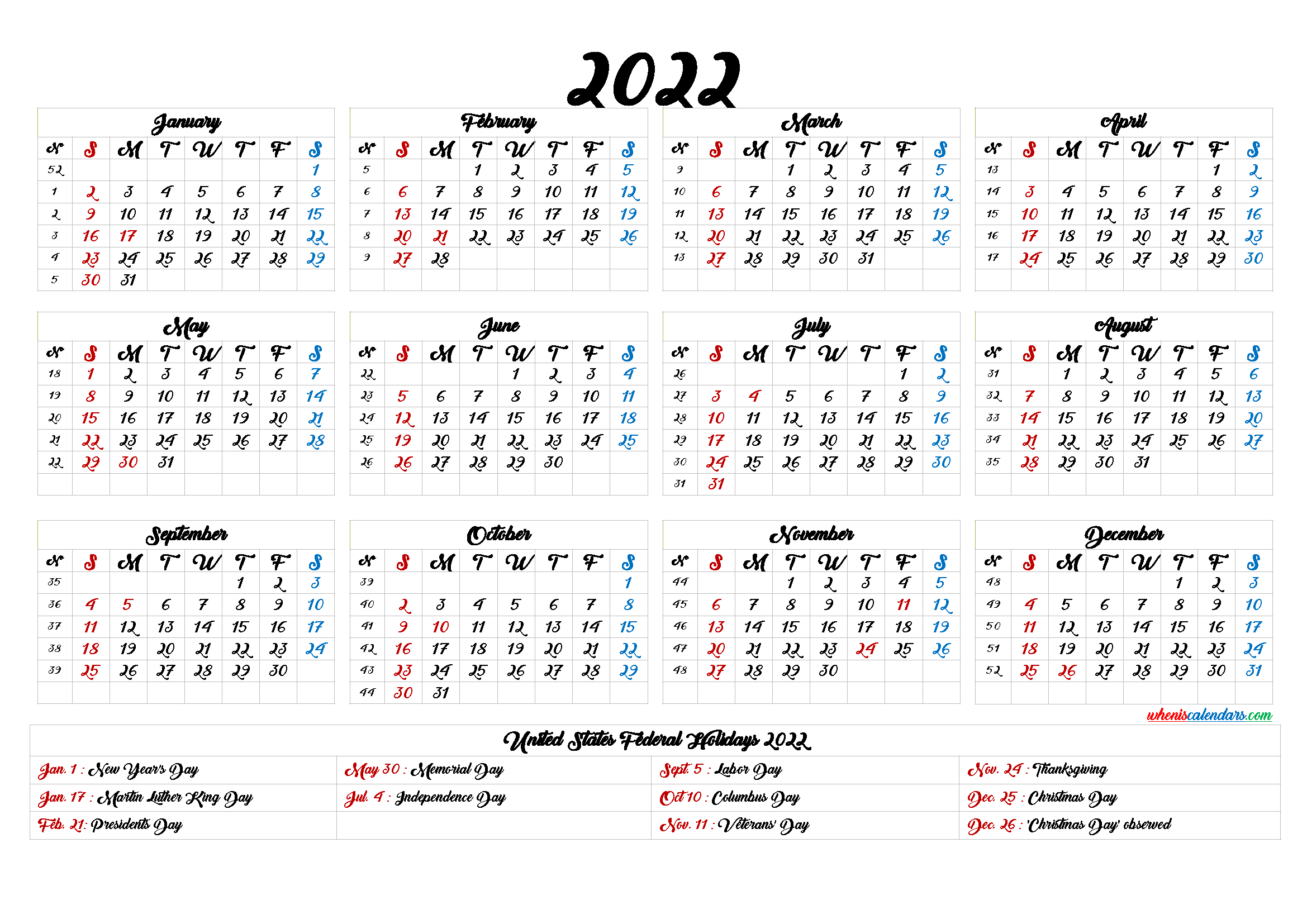 20+ 2022 Calendar With Holidays Printable - Free Download