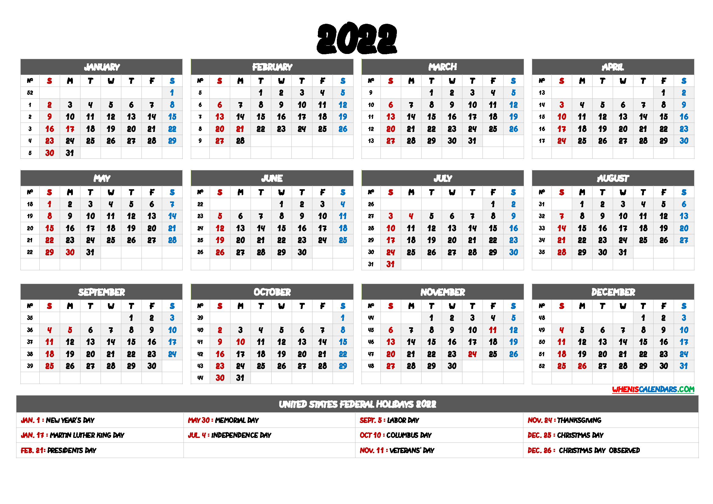 20+ 2022 Holidays - Free Download Printable Calendar