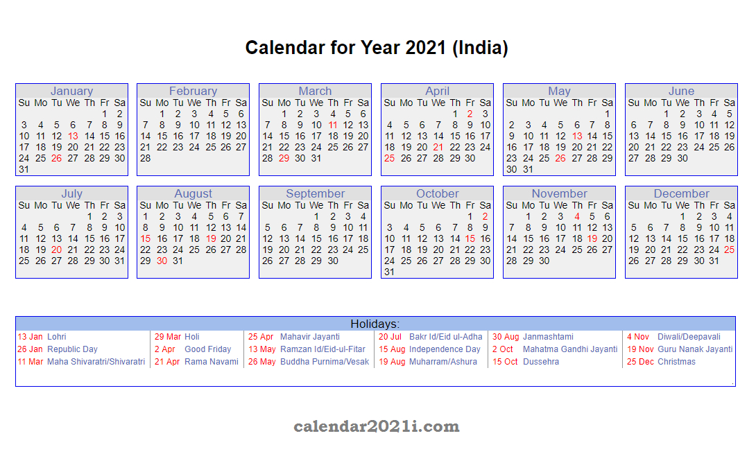 20+ Calendar 2021 India With Holidays And Festivals - Free