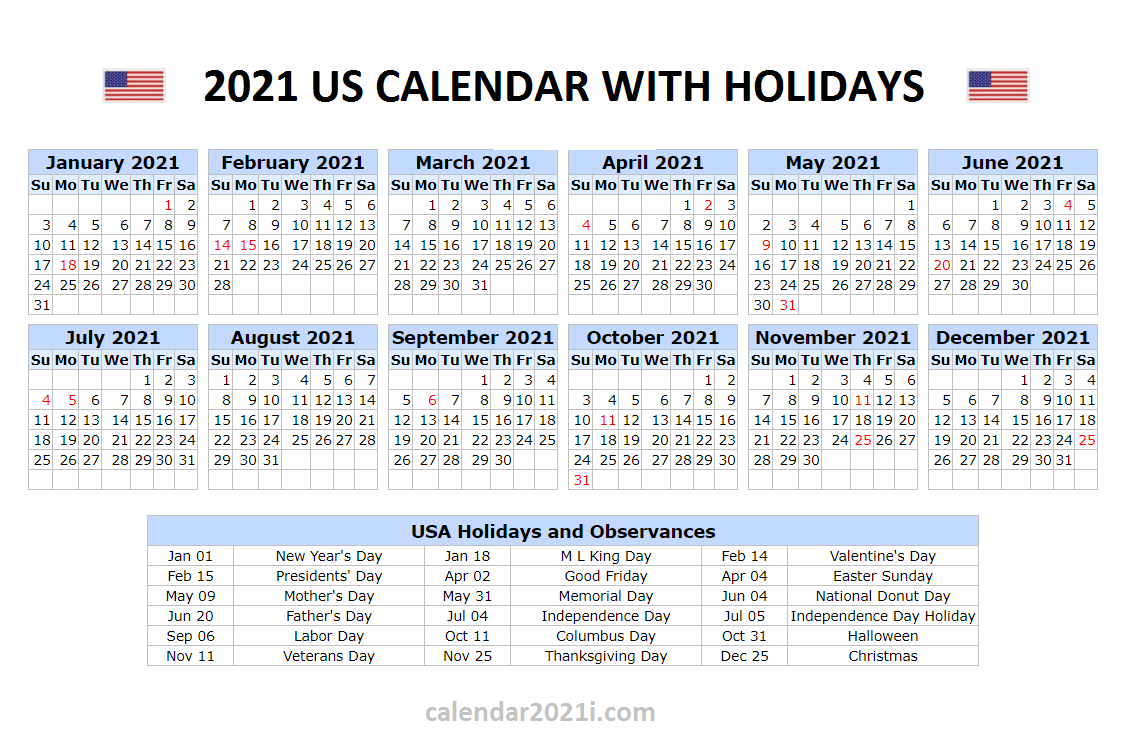 20+ Calendar 2021 With Federal Holidays - Free Download