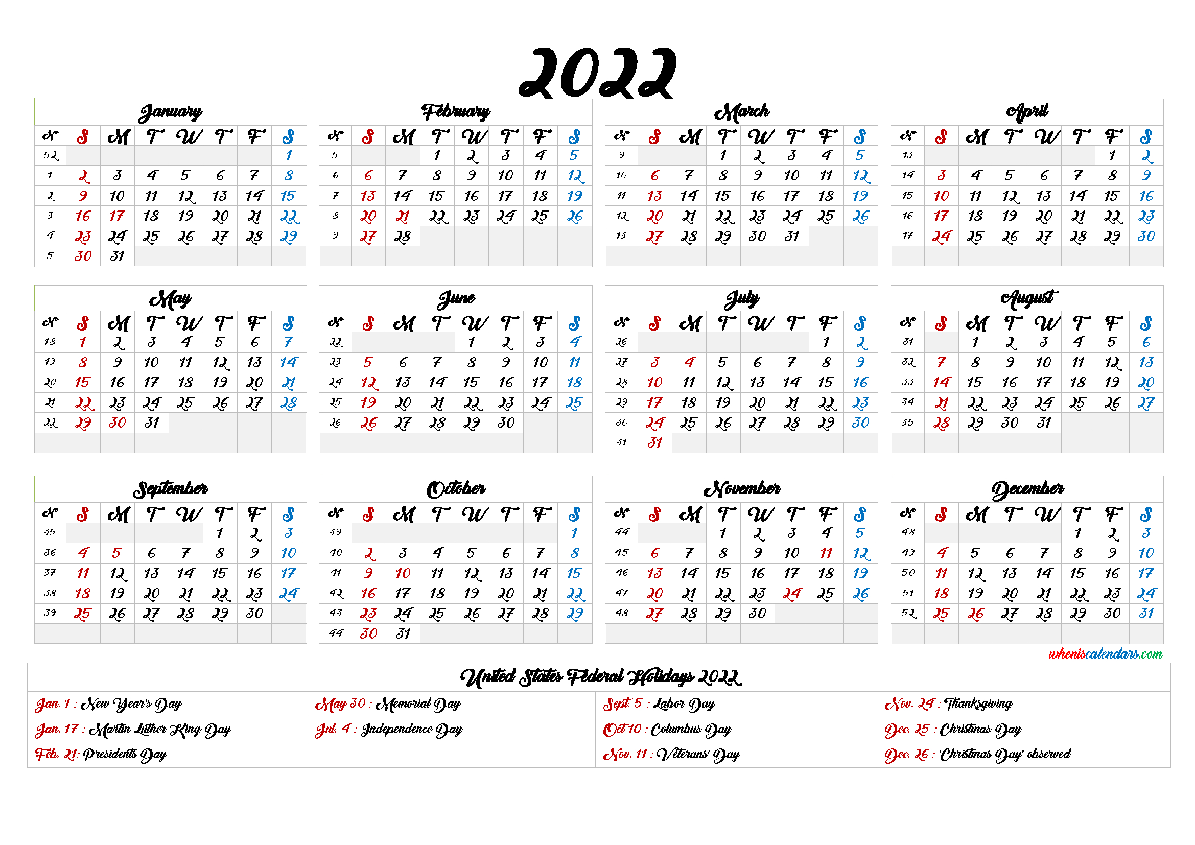 20+ Printable Calendar 2022 - Free Download Printable