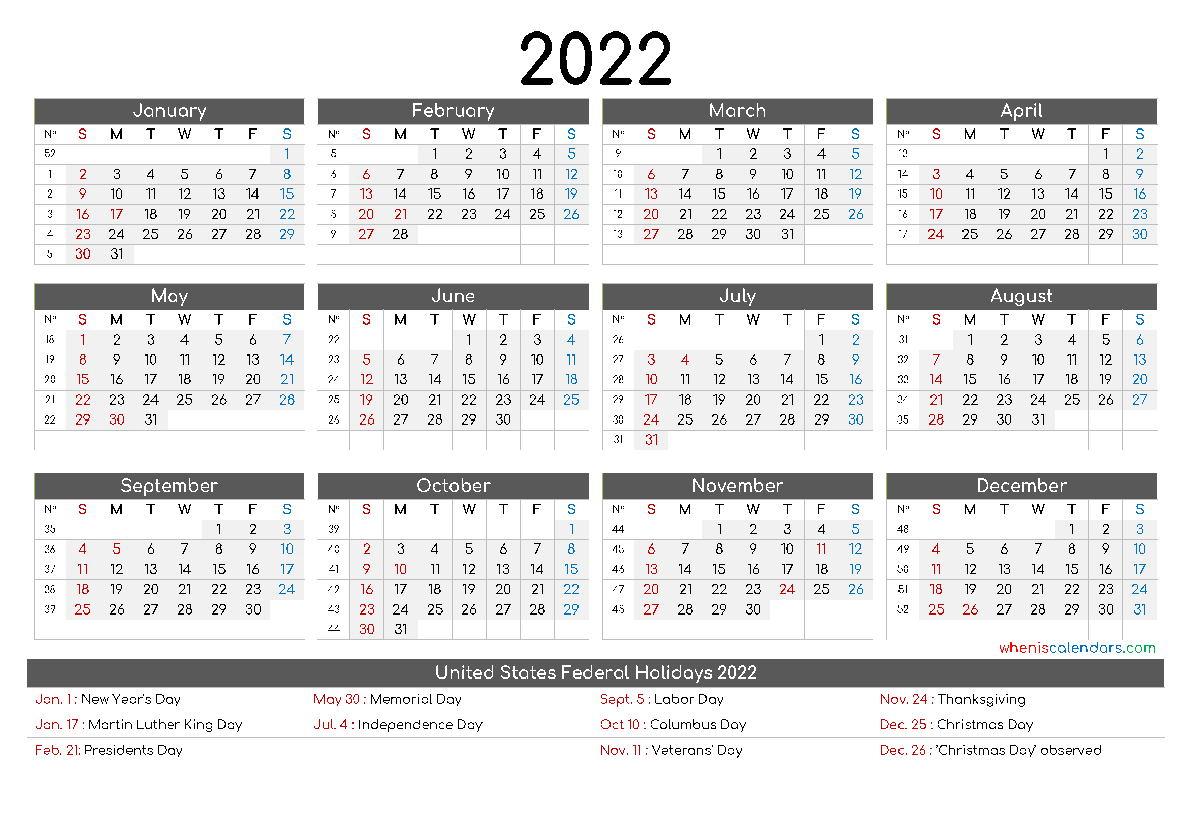20+ Yearly Calendar 2022 - Free Download Printable