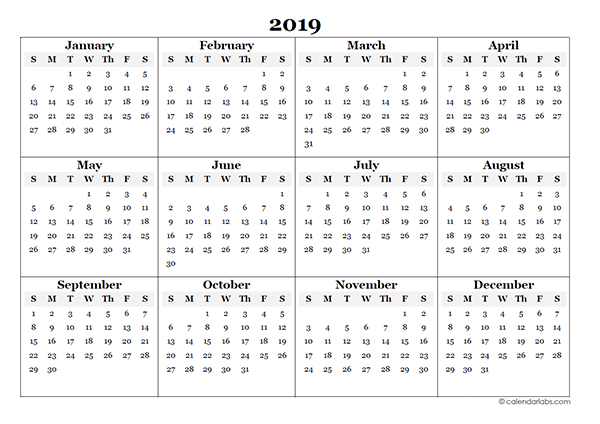 2019 Blank Yearly Calendar Template - Free Printable Templates