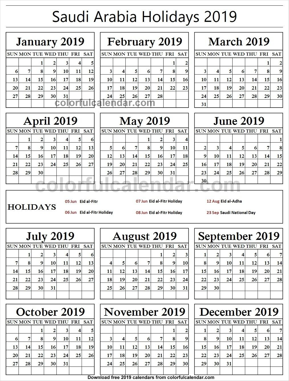 2019 School Holidays Saudi Arabia Calendar School Holidays