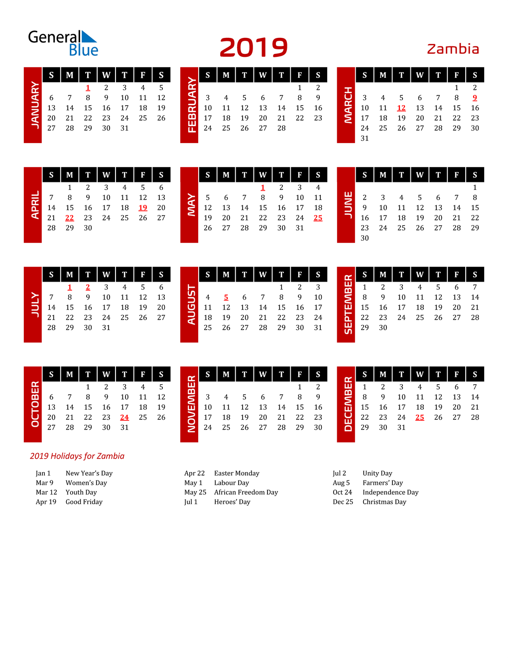 2019 Zambia Calendar With Holidays