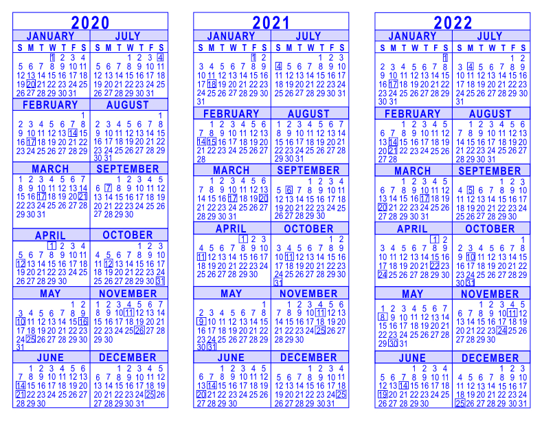 2020 2021 2022 3 Year Calendar