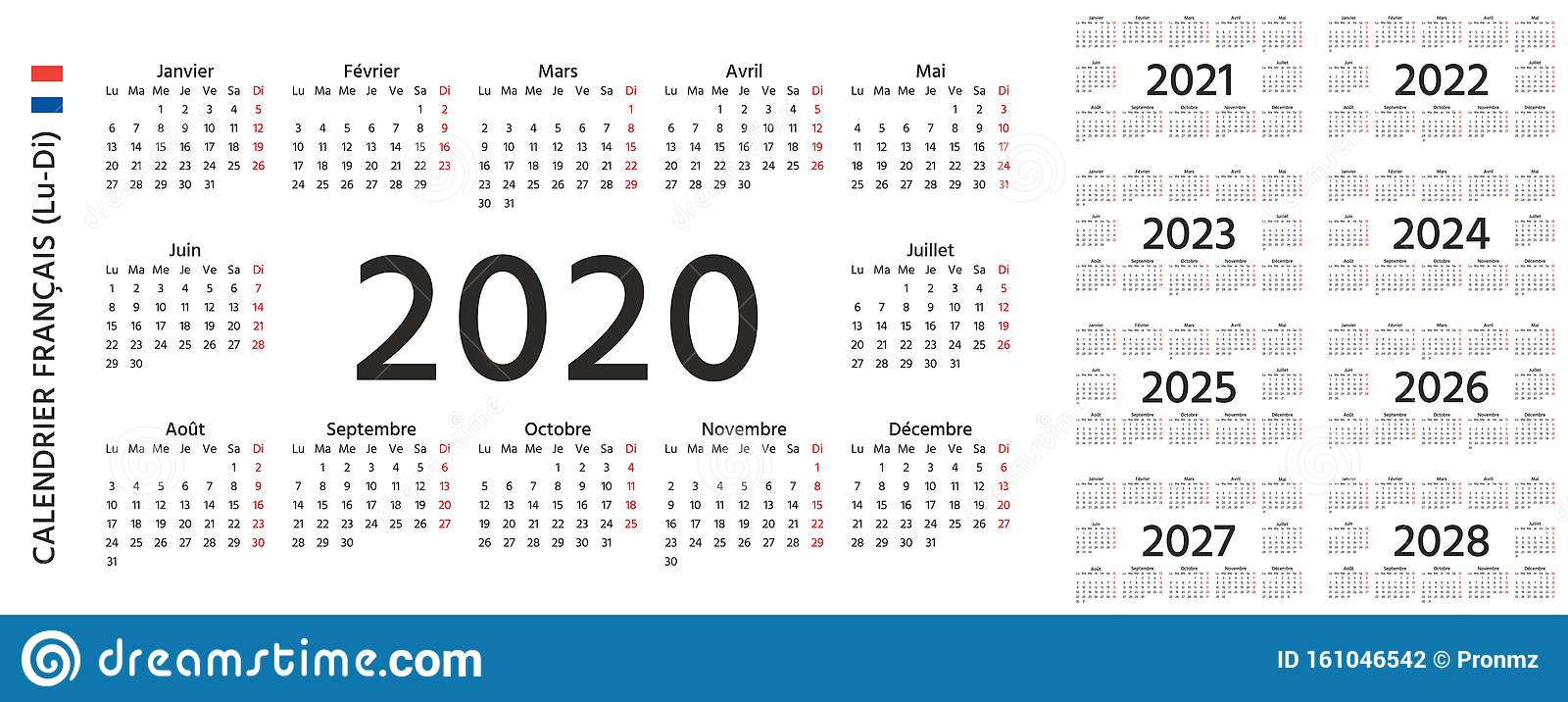 2020 2021 2022 French Calendar. Vector Illustration