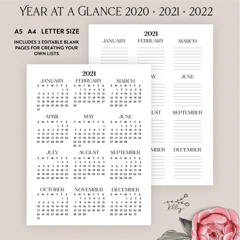 2020 2021 2022 Year At A Glance Editable Printable Yearly