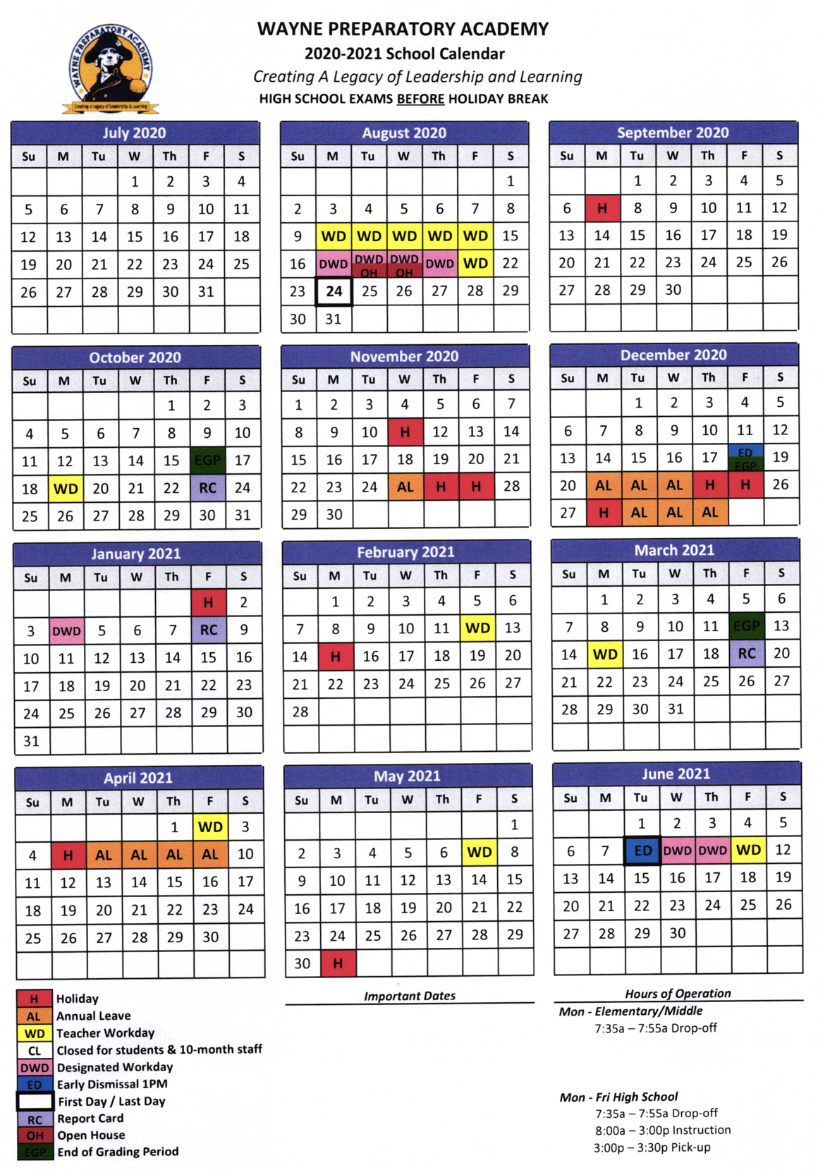 2020-2021 School Calendar - Wayne Preparatory Academy