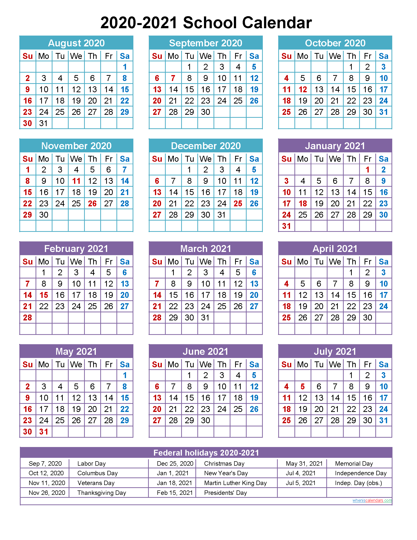 2020 And 2021 School Calendar Printable (Portrait