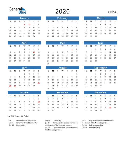 2020 Calendar - Cuba With Holidays In 2020 | Calendar