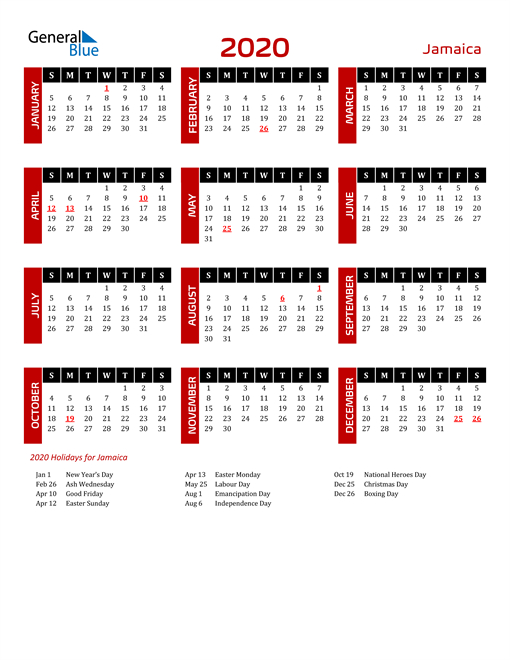 2020 Jamaica Calendar With Holidays