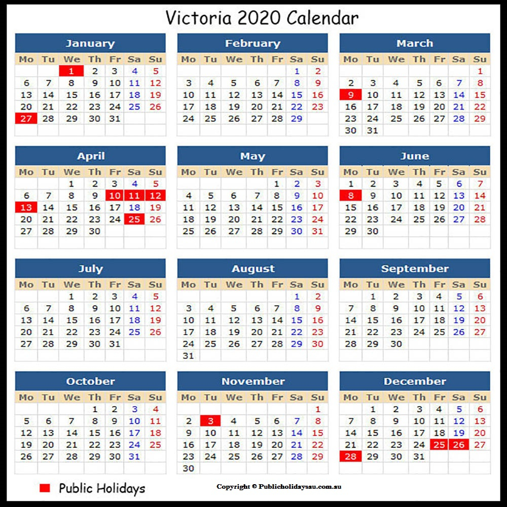 2020 Public Holidays Vic