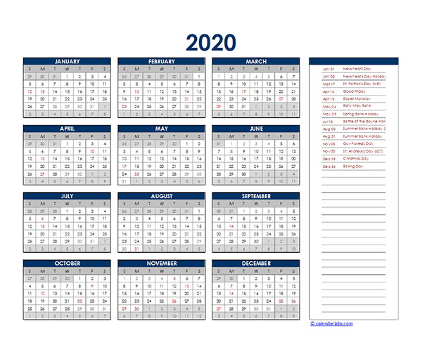 2020 South Africa Yearly Excel Calendar - Free Printable