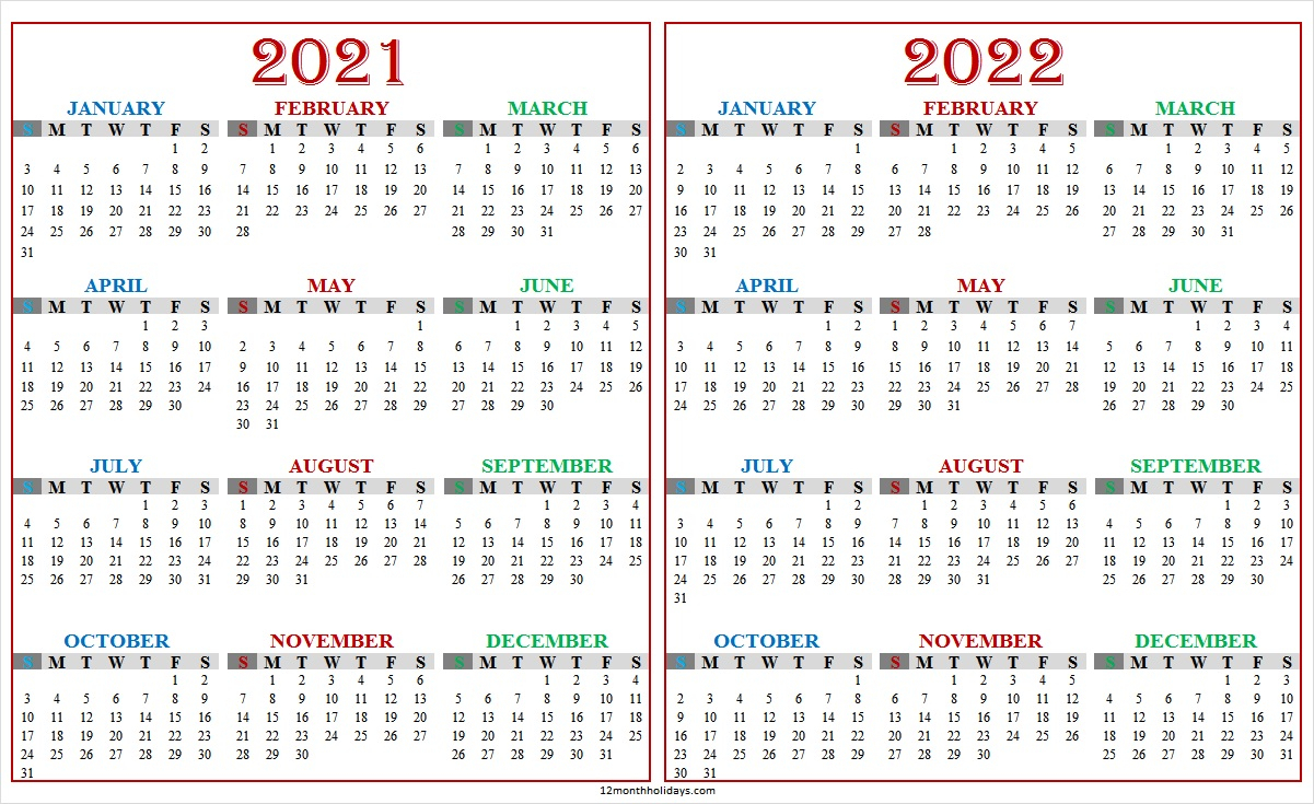 2021-2022 Academic Calendar Template - Two Year Calendar