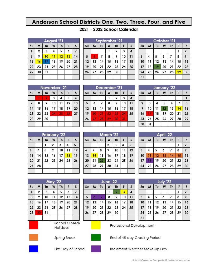 2021-2022 Asd2 School Calendar - Anderson School District Two