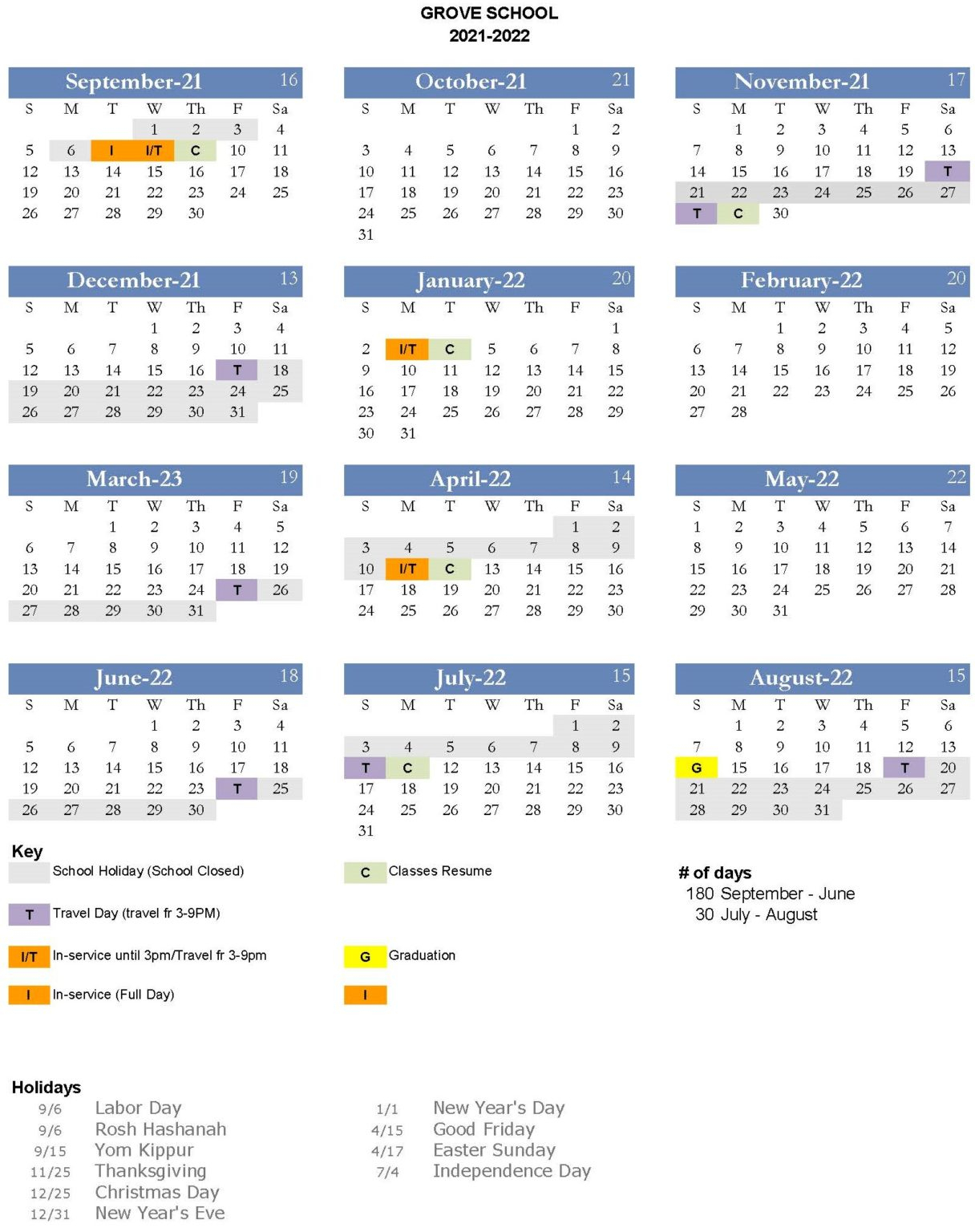 2021-2022 Calendar - Grove School