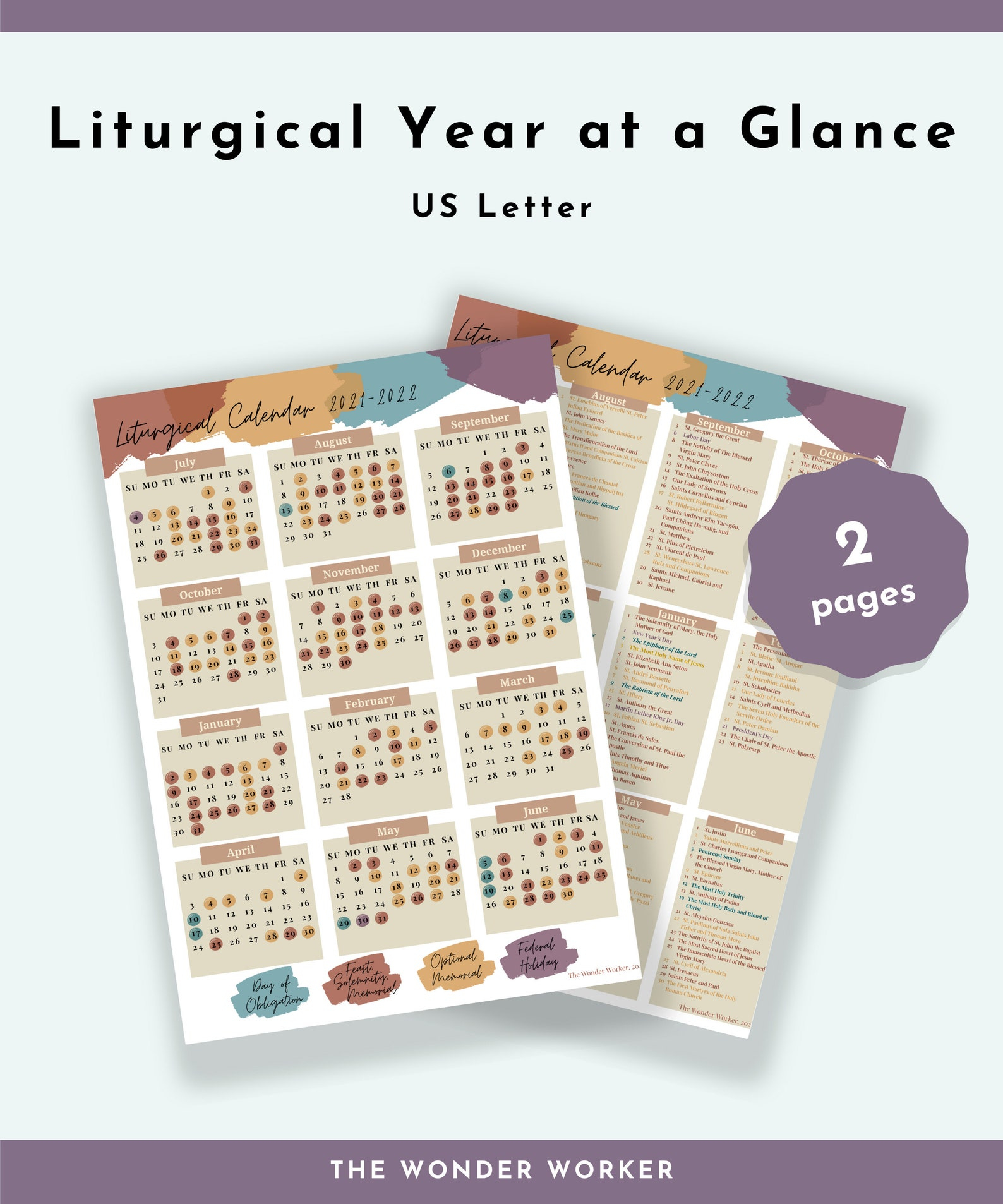 2021-2022 Catholic Liturgical Calendar: Year-At-A-Glance