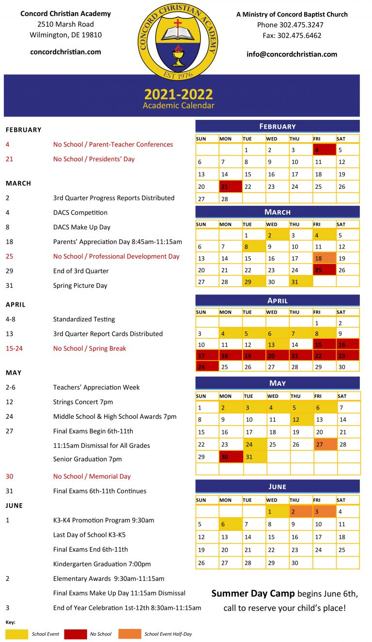 2021-2022 Cca Calendar - Concord Christian Academy
