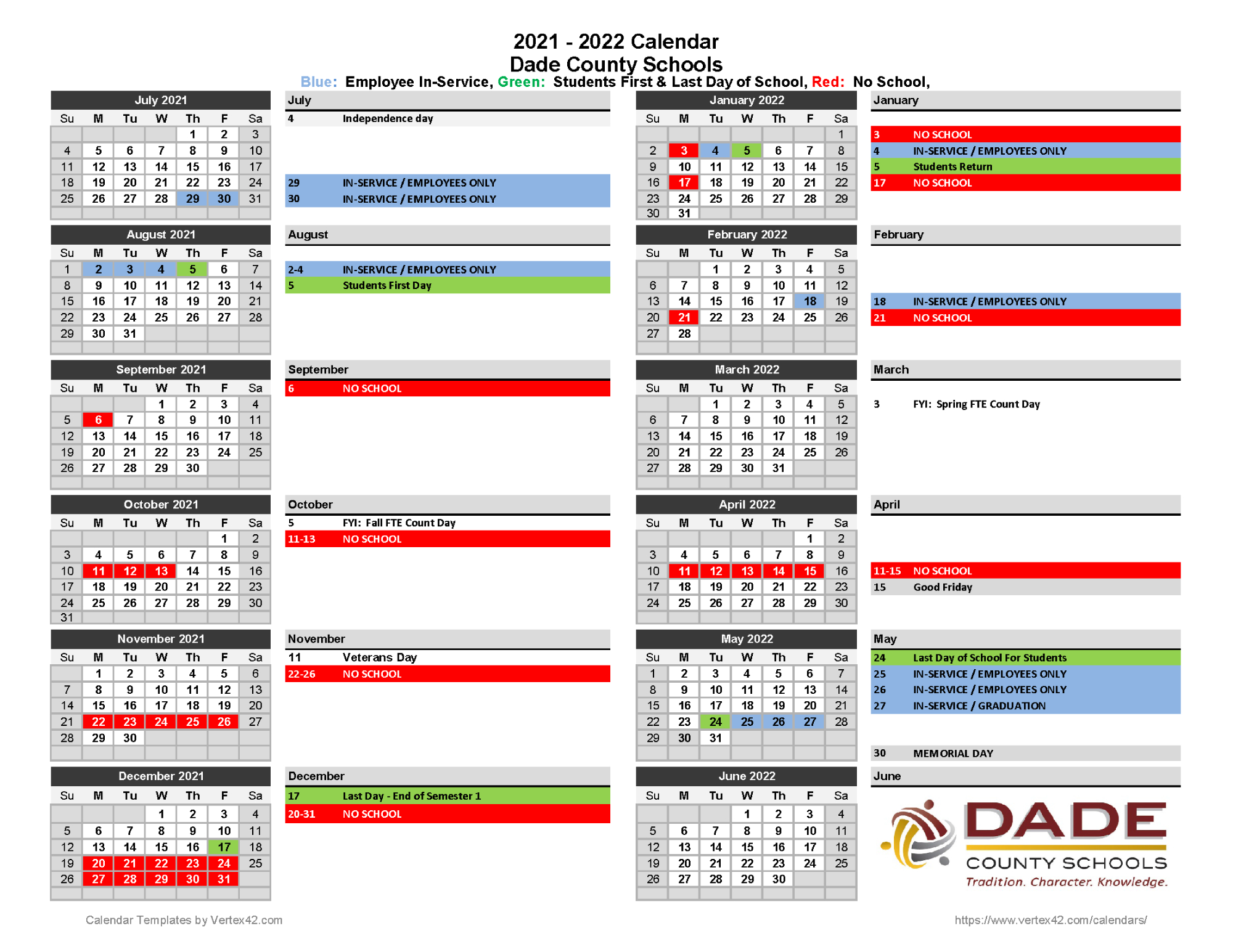 2021 - 2022 Dade County School Year Calendar Released