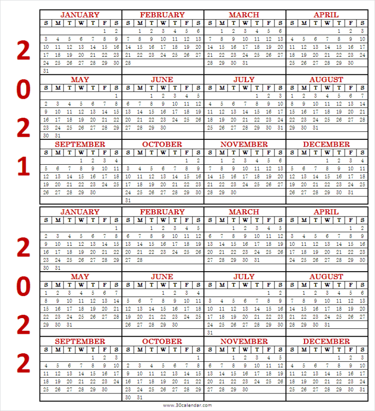 2021-2022 Printable Calendar - Two Year Calendar Template