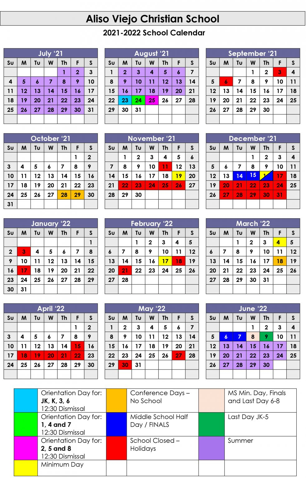 2021 - 2022 School Calendar - Aliso Viejo Christian School