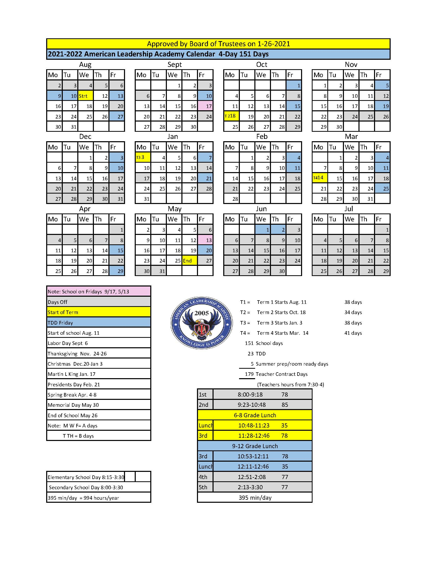 2021-2022 School Calendar | American Leadership Academy