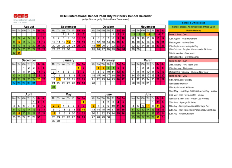 2021/2022 School Calendar - Gems International School